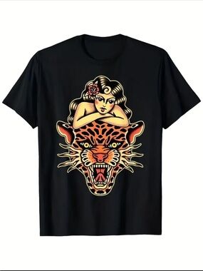 Black Graphic Tee with Retro Pin-Up and Fierce Leopard Design